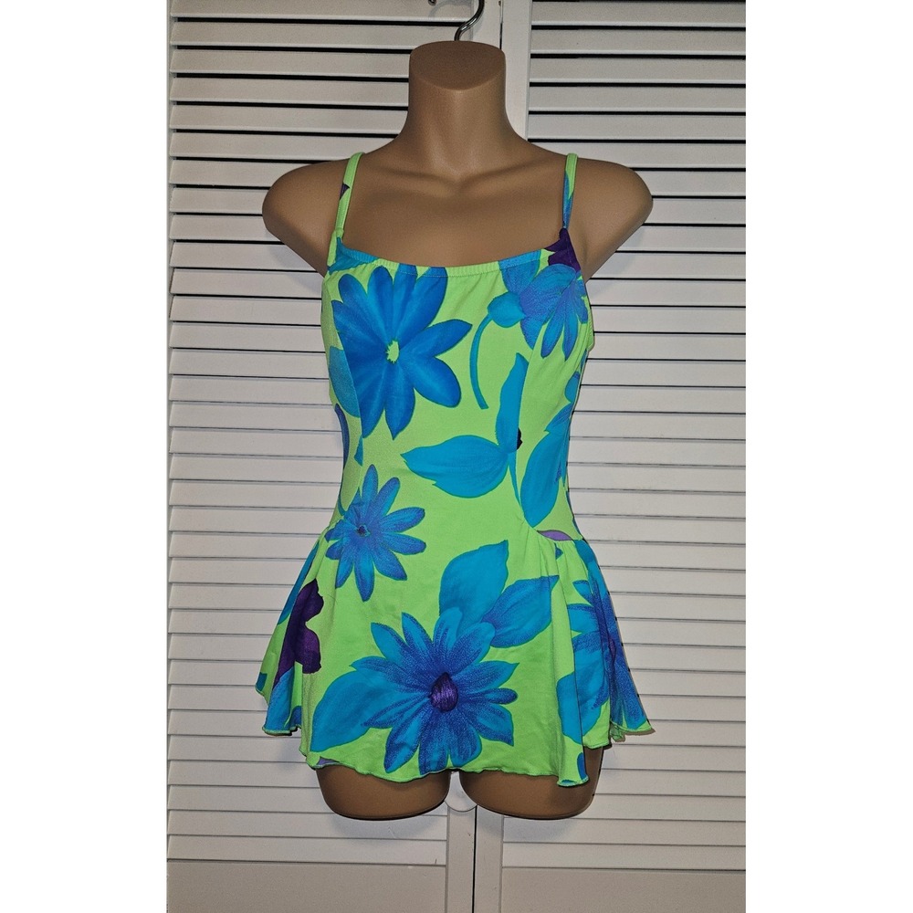 Vintage Cole of California Neon Green Blue Floral Swim Dress One Piece Size 8